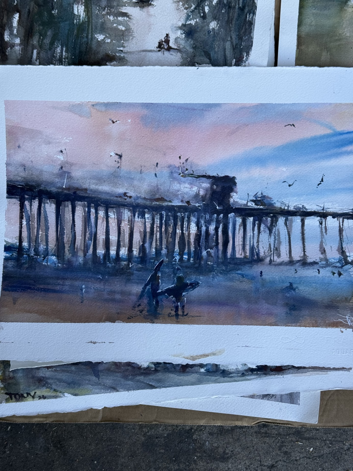 Surfers at the Pier — original plein air watercolor by Tony Trowbridge, Ocean Beach Pier